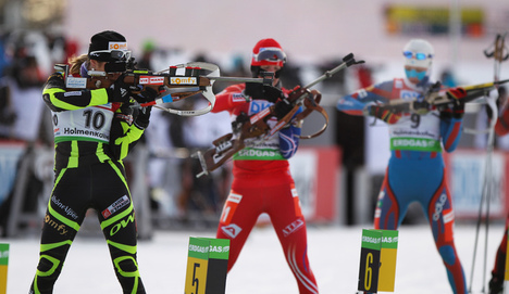 04.02.2012, Holmenkollen, Norway (NOR): Marie Laure Brunet (FRA), Rossignol, Rottefella, Swix - IBU world cup biathlon, pursuit women, Holmenkollen (NOR). www.nordicfocus.com. Â© Laiho/NordicFocus. Every downloaded picture is fee-liable.