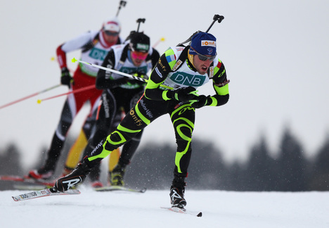 04.02.2012, Holmenkollen, Norway (NOR): Jean Guillaume Beatrix (FRA), Rossignol, Rottefella, One Way, Odlo - IBU world cup biathlon, pursuit men, Holmenkollen (NOR). www.nordicfocus.com. Â© Laiho/NordicFocus. Every downloaded picture is fee-liable.