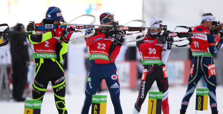05.02.2012, Holmenkollen, Norway (NOR): (l-r) Martin Fourcade (FRA), Rossignol, Rottefella, OneWay, Odlo, Julbo, Tim Burke (USA), Rossignol, Rottefella, OneWay, adidas Jean Philippe Leguellec (CAN), Rossignol, Rottefella, Swix and Lowell Bailey (USA), Ros