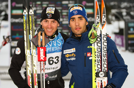 16.11.2012, Beitostoelen, Norway (NOR): (l-r) Maurice Manificat (FRA), Fischer, Swix, Rottefella, One Way and Martin Fourcade (FRA), Rossignol, One Way, Rottefella - Beitosprinten Cross-Country, 15 km men skating, Beitostoelen (NOR). www.nordicfocus.com. NordicFocus 16.11.2012, Beitostoelen, Norway (NOR): (l-r) Maurice Manificat (FRA), Fischer, Swix, Rottefella, One Way and Martin Fourcade (FRA), Rossignol, One Way, Rottefella - Beitosprinten Cross-Country, 15 km men skating, Beitostoelen (NOR). www.nordicfocus.com.