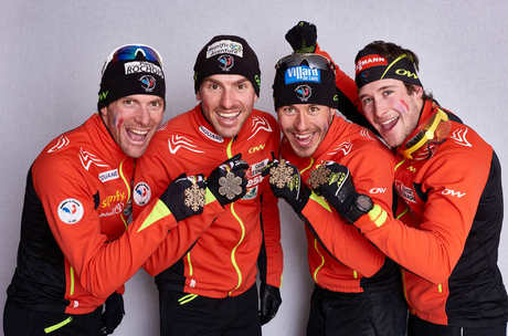 27.02.2015, Falun, Sweden (SWE): Jean Marc Gaillard (FRA), Maurice Manificat (FRA), Robin Duvillard (FRA), Adrien Backscheider (FRA), (l-r) - FIS nordic world ski championships, cross-country, medals, Falun (SWE). www.nordicfocus.com. © NordicFocus. Eve NordicFocus 27.02.2015, Falun, Sweden (SWE): Jean Marc Gaillard (FRA), Maurice Manificat (FRA), Robin Duvillard (FRA), Adrien Backscheider (FRA), (l-r) - FIS nordic world ski championships, cross-country, medals, Falun (SWE). www.nordicfocus.com. © NordicFocus. Eve