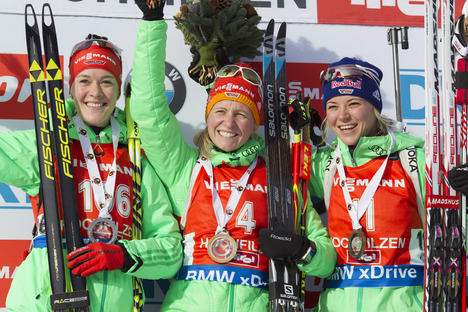 11.12.2015, Hochfilzen, Austria (AUT):Maren Hammerschmidt (GER), Franziska Hildebrand (GER), Miriam Goessner (GER), (l-r) - IBU world cup biathlon, sprint women, Hochfilzen (AUT). www.nordicfocus.com. © Manzoni/NordicFocus. Every downloaded picture is NordicFocus 11.12.2015, Hochfilzen, Austria (AUT):Maren Hammerschmidt (GER), Franziska Hildebrand (GER), Miriam Goessner (GER), (l-r) - IBU world cup biathlon, sprint women, Hochfilzen (AUT). www.nordicfocus.com. © Manzoni/NordicFocus. Every downloaded picture is