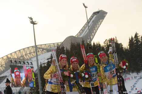 11.03.2016, Oslo, Norway (NOR):Synnoeve Solemdal (NOR), Fanny Horn Birkeland (NOR), Tiril Eckhoff (NOR), Marte Olsbu (NOR) - IBU world championships biathlon, relay women, Oslo (NOR). www.nordicfocus.com. © Tumashov/NordicFocus. Every downloaded picture Tumashov/NordicFocus 11.03.2016, Oslo, Norway (NOR):Synnoeve Solemdal (NOR), Fanny Horn Birkeland (NOR), Tiril Eckhoff (NOR), Marte Olsbu (NOR) - IBU world championships biathlon, relay women, Oslo (NOR). www.nordicfocus.com. © Tumashov/NordicFocus. Every downloaded picture