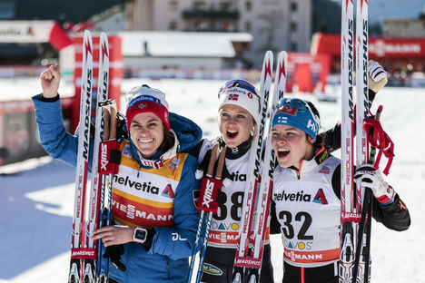 10.12.2016, Davos, Switzerland (SUI):Heidi Weng (NOR), Ingvild Flugstad Oestberg (NOR), Krista Parmakoski (FIN), (l-r) - FIS world cup cross-country, 15km women, Davos (SUI). www.nordicfocus.com. © Modica/NordicFocus. Every downloaded picture is fee-lia NordicFocus 10.12.2016, Davos, Switzerland (SUI):Heidi Weng (NOR), Ingvild Flugstad Oestberg (NOR), Krista Parmakoski (FIN), (l-r) - FIS world cup cross-country, 15km women, Davos (SUI). www.nordicfocus.com. © Modica/NordicFocus. Every downloaded picture is fee-lia