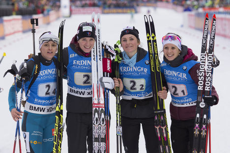 12.01.2017, Ruhpolding, Germany (GER):Celia Aymonier (FRA), Anais Bescond (FRA), Justine Braisaz (FRA), Anais Chevalier (FRA), (l-r) - IBU world cup biathlon, relay women, Ruhpolding (GER). www.nordicfocus.com. © Manzoni/NordicFocus. Every downloaded p NordicFocus 12.01.2017, Ruhpolding, Germany (GER):Celia Aymonier (FRA), Anais Bescond (FRA), Justine Braisaz (FRA), Anais Chevalier (FRA), (l-r) - IBU world cup biathlon, relay women, Ruhpolding (GER). www.nordicfocus.com. © Manzoni/NordicFocus. Every downloaded p