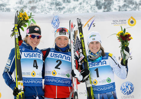 L-R: Bronze-Katharine Ogden, USA; Gold-Marte Maehlu, Norway; Silver-Ebba Andersson, Sweden. Women's 5k/5k skiathlon at 2017 USANA FIS Nordic Junior World Ski Championships at Soldier Hollow. (U.S. Ski Team - Tom Kelly) L-R: Bronze-Katharine Ogden, USA; Gold-Marte Maehlu, Norway; Silver-Ebba Andersson, Sweden. Women
