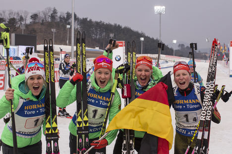 05.03.2017, Pyeong Chang, Korea (KOR):Nadine Horchler (GER), Maren Hammerschmidt (GER), Denise Herrmann (GER), Franziska Hildebrand (GER), (l-r) - IBU world cup biathlon, relay women, Pyeong Chang (KOR). www.nordicfocus.com. © Manzoni/NordicFocus. Ever NordicFocus 05.03.2017, Pyeong Chang, Korea (KOR):Nadine Horchler (GER), Maren Hammerschmidt (GER), Denise Herrmann (GER), Franziska Hildebrand (GER), (l-r) - IBU world cup biathlon, relay women, Pyeong Chang (KOR). www.nordicfocus.com. © Manzoni/NordicFocus. Ever