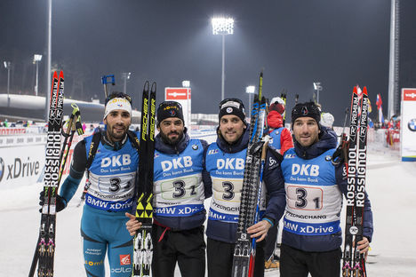 05.03.2017, Pyeong Chang, Korea (KOR):Martin Fourcade (FRA), Simon Fourcade (FRA), Simon Desthieux (FRA), Jean Guillaume Beatrix (FRA) - IBU world cup biathlon, relay men, Pyeong Chang (KOR). www.nordicfocus.com. © Manzoni/NordicFocus. Every downloaded NordicFocus 05.03.2017, Pyeong Chang, Korea (KOR):Martin Fourcade (FRA), Simon Fourcade (FRA), Simon Desthieux (FRA), Jean Guillaume Beatrix (FRA) - IBU world cup biathlon, relay men, Pyeong Chang (KOR). www.nordicfocus.com. © Manzoni/NordicFocus. Every downloaded