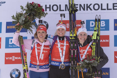 18.03.2017, Oslo, Norway (NOR):Gabriela Koukalova (CZE), Mari Laukkanen (FIN), Justine Braisaz (FRA), (l-r) - IBU world cup biathlon, pursuit women, Oslo (NOR). www.nordicfocus.com. © Manzoni/NordicFocus. Every downloaded picture is fee-liable. NordicFocus 18.03.2017, Oslo, Norway (NOR):Gabriela Koukalova (CZE), Mari Laukkanen (FIN), Justine Braisaz (FRA), (l-r) - IBU world cup biathlon, pursuit women, Oslo (NOR). www.nordicfocus.com. © Manzoni/NordicFocus. Every downloaded picture is fee-liable.