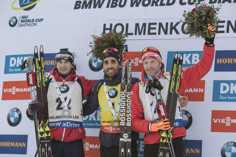 19.03.2017, Oslo, Norway (NOR):Andrejs Rastorgujevs (LAT), Martin Fourcade (FRA), Simon Eder (AUT), (l-r) - IBU world cup biathlon, mass men, Oslo (NOR). www.nordicfocus.com. © Manzoni/NordicFocus. Every downloaded picture is fee-liable. NordicFocus 19.03.2017, Oslo, Norway (NOR):Andrejs Rastorgujevs (LAT), Martin Fourcade (FRA), Simon Eder (AUT), (l-r) - IBU world cup biathlon, mass men, Oslo (NOR). www.nordicfocus.com. © Manzoni/NordicFocus. Every downloaded picture is fee-liable.