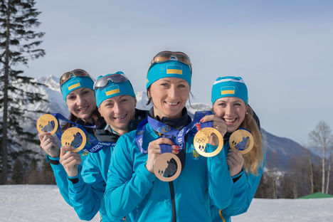 23.02.2014, Sochi, Russia (RUS): Juliya Dzhyma (UKR), Vita Semerenko (UKR), Valj Semerenko (UKR), Olena Pidhrushna (UKR)- XXII. Olympic Winter Games Sochi 2014, biathlon, medals, Sochi (RUS). www.nordicfocus.com. © NordicFocus. Every downloaded picture NordicFocus 23.02.2014, Sochi, Russia (RUS): Juliya Dzhyma (UKR), Vita Semerenko (UKR), Valj Semerenko (UKR), Olena Pidhrushna (UKR)- XXII. Olympic Winter Games Sochi 2014, biathlon, medals, Sochi (RUS). www.nordicfocus.com. © NordicFocus. Every downloaded picture