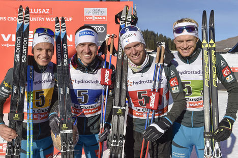 18.12.2016, La Clusaz, France (FRA):Jean Marc Gaillard (FRA), Alexis Jeannerod (FRA), Clement Parisse (FRA), Maurice Manificat (FRA) - FIS world cup cross-country, 4x7.5km men, La Clusaz (FRA). www.nordicfocus.com. © Thibaut/NordicFocus. Every downloade NordicFocus 18.12.2016, La Clusaz, France (FRA):Jean Marc Gaillard (FRA), Alexis Jeannerod (FRA), Clement Parisse (FRA), Maurice Manificat (FRA) - FIS world cup cross-country, 4x7.5km men, La Clusaz (FRA). www.nordicfocus.com. © Thibaut/NordicFocus. Every downloade