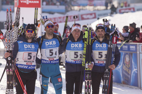 18.02.2017, Hochfilzen, Austria (AUT):Jean Guillaume Beatrix (FRA), Martin Fourcade (FRA), Quenting Fillon Maillet (FRA), Simon Desthieux (FRA), (l-r) - IBU world championships biathlon, relay men, Hochfilzen (AUT). www.nordicfocus.com. © NordicFocus. E NordicFocus 18.02.2017, Hochfilzen, Austria (AUT):Jean Guillaume Beatrix (FRA), Martin Fourcade (FRA), Quenting Fillon Maillet (FRA), Simon Desthieux (FRA), (l-r) - IBU world championships biathlon, relay men, Hochfilzen (AUT). www.nordicfocus.com. © NordicFocus. E