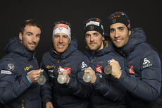 18.02.2017, Hochfilzen, Austria (AUT):Jean Guillaume Beatrix (FRA), Quentin Fillon Maillet (FRA), Simon Desthieux (FRA), Martin Fourcade (FRA), (l-r) - IBU world championships biathlon, medals, Hochfilzen (AUT). www.nordicfocus.com. © NordicFocus. Every NordicFocus 18.02.2017, Hochfilzen, Austria (AUT):Jean Guillaume Beatrix (FRA), Quentin Fillon Maillet (FRA), Simon Desthieux (FRA), Martin Fourcade (FRA), (l-r) - IBU world championships biathlon, medals, Hochfilzen (AUT). www.nordicfocus.com. © NordicFocus. Every