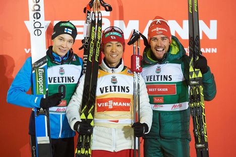 NordicFocus 25.11.2017, Ruka, Finland (FIN):Eero Hirvonen (FIN), Akito Watabe (JPN), Johannes Rydzek (GER), (l-r) - FIS world cup nordic combined, individual gundersen HS142/10km Ruka (FIN). www.nordicfocus.com. © Rauschendorfer/NordicFocus. Every downloaded pictur