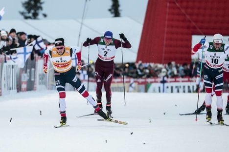 NordicFocus 26.11.2017, Ruka, Finland (FIN):Johannes Hoesflot Klaebo (NOR), Alexander Bolshunov (RUS), Martin Johnsrud Sundby (NOR), (l-r) - FIS world cup cross-country, pursuit men, Ruka (FIN). www.nordicfocus.com. © Modica/NordicFocus. Every downloaded picture i