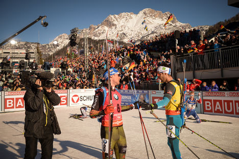NordicFocus 19.02.2017, Hochfilzen, Austria (AUT):Martin Fourcade (FRA), Simon Schempp (GER) - IBU world championships biathlon, mass men, Hochfilzen (AUT). www.nordicfocus.com. © NordicFocus. Every downloaded picture is fee-liable.