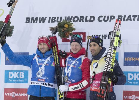 NordicFocus 09.12.2017, Hochfilzen, Austria (AUT):Jakov Fak (SLO), Johannes Thingnes Boe (NOR), Martin Fourcade (FRA), (l-r) - IBU world cup biathlon, pursuit men, Hochfilzen (AUT). www.nordicfocus.com. © Manzoni/NordicFocus. Every downloaded picture is fee-liable