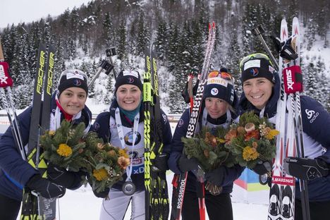 NordicFocus 10.12.2017, Hochfilzen, Austria (AUT):Celia Aymonier (FRA), Justine Braisaz (FRA), Marie Dorin (FRA), Anais Bescond (FRA), (l-r) - IBU world cup biathlon, relay women, Hochfilzen (AUT). www.nordicfocus.com. © Manzoni/NordicFocus. Every downloaded pictu