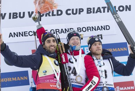 NordicFocus 15.12.2017, Annecy-Le Grand Bornand, France (FRA):Martin Fourcade (FRA), Johannes Thingnes Boe (NOR), Antonin Guigonnat (FRA) - IBU world cup biathlon, sprint men, Annecy-Le Grand Bornand (FRA). www.nordicfocus.com. © Manzoni/NordicFocus. Every downloa