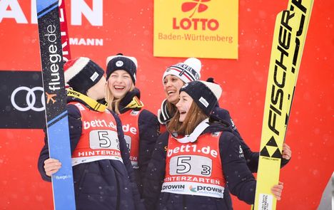 NordicFocus 16.12.2017, Hinterzarten, Germany (GER):Lea Lemare (FRA), Julia Clair (FRA), Romane Dieu (FRA), Lucile Morat (FRA) - FIS world cup ski jumping ladies, team HS108, Hinterzarten (GER). www.nordicfocus.com. © Tumashov/NordicFocus. Every downloaded picture