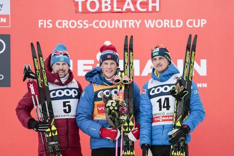 NordicFocus 17.12.2017, Toblach, Italy (ITA):Sergey Ustiugov (RUS), Johannes Hoesflot Klaebo (NOR), Alexey Poltoranin (KAZ), (l-r) - FIS world cup cross-country, pursuit men, Toblach (ITA). www.nordicfocus.com. © Modica/NordicFocus. Every downloaded picture is fee-