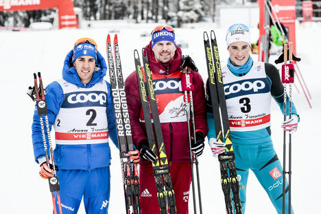 NordicFocus 30.12.2017, Lenzerheide, Switzerland (SUI):Federico Pellegrino (ITA), Sergey Ustiugov (RUS), Lucas Chanavat (FRA), (l-r) - FIS world cup cross-country, tour de ski, individual sprint, Lenzerheide (SUI). www.nordicfocus.com. © Modica/NordicFocus. Every d