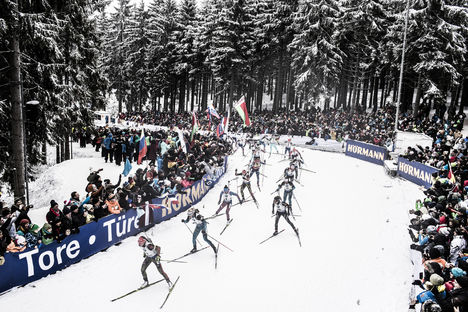 NordicFocus 08.01.2017, Oberhof, Germany (GER):Laura Dahlmeier (GER), Marie Dorin Habert (FRA), Tatiana Akimova (RUS), Selina Gasparin (SUI), Franziska Hildebrand (GER), (l-r) - IBU world cup biathlon, mass women, Oberhof (GER). www.nordicfocus.com. © Manzoni/Nord