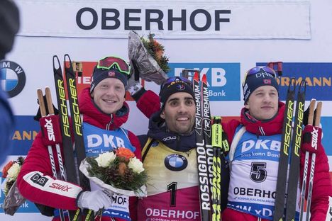 NordicFocus 06.01.2018, Oberhof, Germany (GER):Johannes Thingnes Boe (NOR), Martin Fourcade (FRA), Tarjei Boe (NOR), (l-r) - IBU world cup biathlon, pursuit men, Oberhof (GER). www.nordicfocus.com. © Manzoni/NordicFocus. Every downloaded picture is fee-liable.