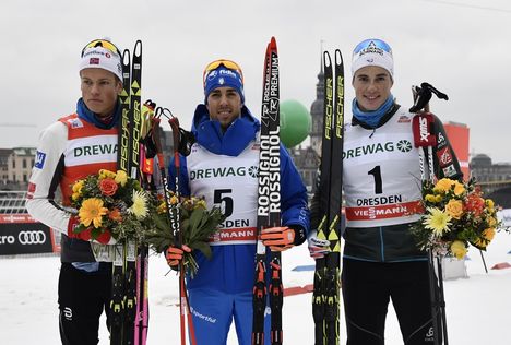 NordicFocus 13.01.2018, Dresden, Germany (GER):Johannes Hoesflot Klaebo (NOR), Federico Pellegrino (ITA), Lucas Chanavat (FRA) - FIS world cup cross-country, individual sprint, Dresden (GER). www.nordicfocus.com. © Thibaut/NordicFocus. Every downloaded picture is f