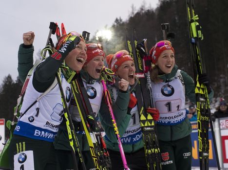 NordicFocus 13.01.2018, Ruhpolding, Germany (GER):Laura Dahlmeier (GER), Franziska Hildebrand (GER), Denise Herrmann (GER), Franziska Preuss (GER), (l-r) - IBU world cup biathlon, relay women, Ruhpolding (GER). www.nordicfocus.com. © Manzoni/NordicFocus. Every dow