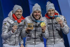 NordicFocus 21.02.2018, Pyeongchang, Korea (KOR):Fabian Riessle (GER), Johannes Rydzek (GER), Eric Frenzel (GER) - XXIII. Olympic Winter Games Pyeongchang 2018, nordic combined, medals, Pyeongchang (KOR). www.nordicfocus.com. © Thibaut/NordicFocus. Every downloaded