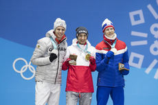 NordicFocus 18.02.2018, Pyeongchang, Korea (KOR):Andreas Wellinger (GER), Kamil Stoch (POL), Robert Johansson (NOR) Johansson, (l-r) - XXIII. Olympic Winter Games Pyeongchang 2018, ski jumping, medals, Pyeongchang (KOR). www.nordicfocus.com. © Manzoni/NordicFocus.