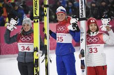 NordicFocus 12.02.2018, Pyeongchang, Korea (KOR):Katharina Althaus (GER), Maren Lundby (NOR), Sara Takanashi (JPN) - XXIII. Olympic Winter Games Pyeongchang 2018, ski jumping ladies, individual HS109, Pyeongchang (KOR). www.nordicfocus.com. © Thibaut/NordicFocus. E