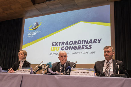 NordicFocus 08.02.2017, Hochfilzen, Austria (AUT):Nicole Resch (GER) IBU secretary general, Anders Besseberg (NOR) president of International Biathlon Union, Ivor Lehotan (SVK) IBU vice president responsible for information, (l-r) - IBU world championships biathlon,