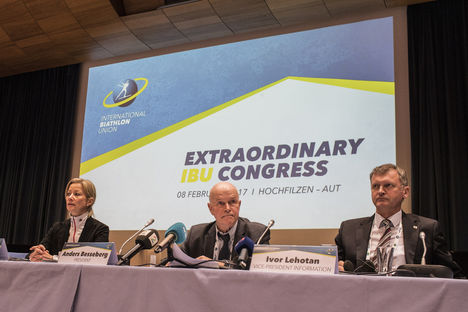 NordicFocus 08.02.2017, Hochfilzen, Austria (AUT):Nicole Resch (GER) IBU secretary general, Anders Besseberg (NOR) president of International Biathlon Union, Ivor Lehotan (SVK) IBU vice president responsible for information, (l-r) - IBU world championships biathlon,
