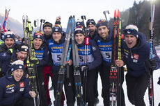 NordicFocus 12.01.2018, Ruhpolding, Germany (GER):Quentin Fillon Maillet (FRA), Antonin Guigonnat (FRA), Simon Desthieux (FRA), Martin Fourcade (FRA), Stephane Bouthiaux (FRA) coach Team France, (l-r) - IBU world cup biathlon, relay men, Ruhpolding (GER). www.nordi