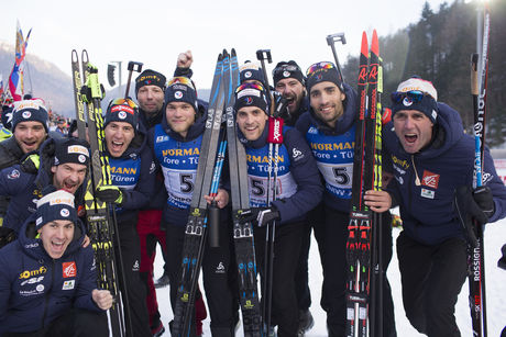 NordicFocus 12.01.2018, Ruhpolding, Germany (GER):Quentin Fillon Maillet (FRA), Antonin Guigonnat (FRA), Simon Desthieux (FRA), Martin Fourcade (FRA), Stephane Bouthiaux (FRA) coach Team France, (l-r) - IBU world cup biathlon, relay men, Ruhpolding (GER). www.nordi