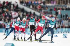 NordicFocus 11.02.2018, Pyeongchang, Korea (KOR):Johannes Hoesflot Klaebo (NOR), Martin Johnsrud Sundby (NOR), Dario Cologna (SUI), Alex Harvey (CAN), Andrew Musgrave (GBR), (l-r) - XXIII. Olympic Winter Games Pyeongchang 2018, cross-country, skiathlon men, Pyeongc