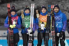 NordicFocus 20.02.2018, Pyeongchang, Korea (KOR):Marie Dorin Habert (FRA), Anais Bescond (FRA), Simon Desthieux (FRA), Martin Fourcade (FRA), (l-r) - XXIII. Olympic Winter Games Pyeongchang 2018, biathlon, relay mixed, Pyeongchang (KOR). www.nordicfocus.com. © Manz