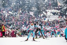NordicFocus 10.03.2018, Oslo, Norway (NOR):Adrien Backscheider (FRA), Dario Cologna (SUI), Jules Lapierre (FRA), Simen Andreas Sveen (NOR), (l-r) - FIS world cup cross-country, mass men, Oslo (NOR). www.nordicfocus.com. © Modica/NordicFocus. Every downloaded pictu