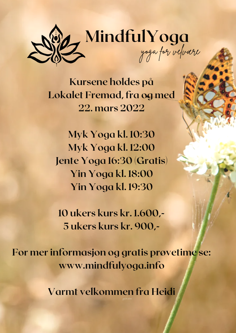 MindfulYoga, informasjon med sommerfugl, priser-kurs-tider