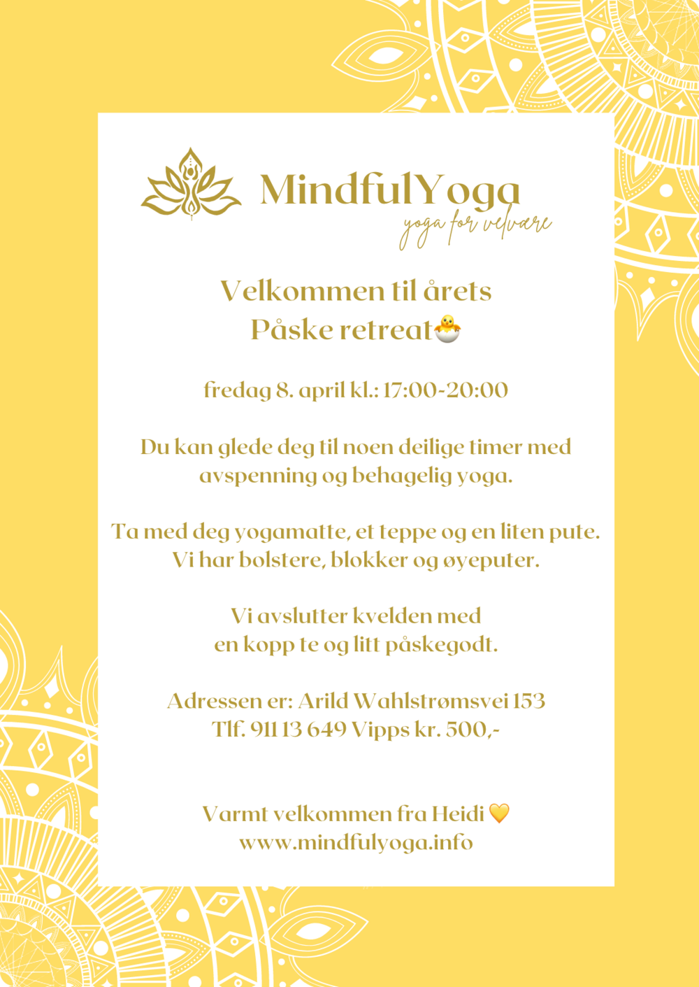 MindfulYoga Invitasjon til Påskeretreat 2022, gul ramme med drømmefanger