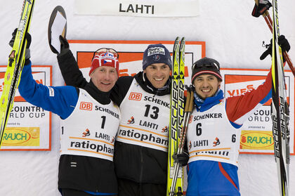 06.03.2010, Lahti, Finland (FIN): (l-r) Lukas Bauer (CZE) Maurice Manificat (FRA), Ilia Chernousov (RUS) - FIS world cup cross-country, pursuit men, Lahti (FIN). www.nordicfocus.com. � Laiho/NordicFocus. Every downloaded picture is fee-liable.
