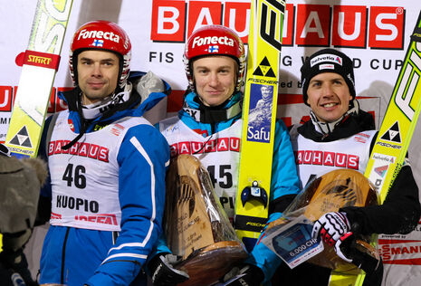 01.12.2010, Kuopio, Finland (FIN): (l-r) Matti Hautamaeki (FIN), Fischer, Ville Larinto (FIN), Fischer, Simon Ammann (SUI), Fischer - FIS world cup ski jumping, individual HS127, Kuopio (FIN). www.nordicfocus.com. © Laiho/NordicFocus. Every downloaded p