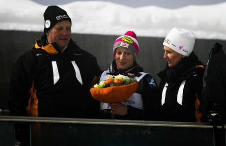 25.02.2011, Oslo, Norway (NOR): the winner Daniela Iraschko ITA), Fischer, meets the king of Norway - FIS nordic world ski championships, ski jumping, individual HS106 women, Oslo (NOR). www.nordicfocus.com. © Laiho/NordicFocus. Every downloaded picture