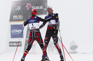 26.02.2011, Oslo, Norway (NOR): (l-r) Eric Frenzel (GER), Fischer, Leki, Salomon, Adidas and Tino Edelmann (GER), Madshus, Leki, Rottefella, Adidas - FIS nordic world ski championships, nordic combined, individual gundersen HS106/10km, Oslo (NOR). www.no