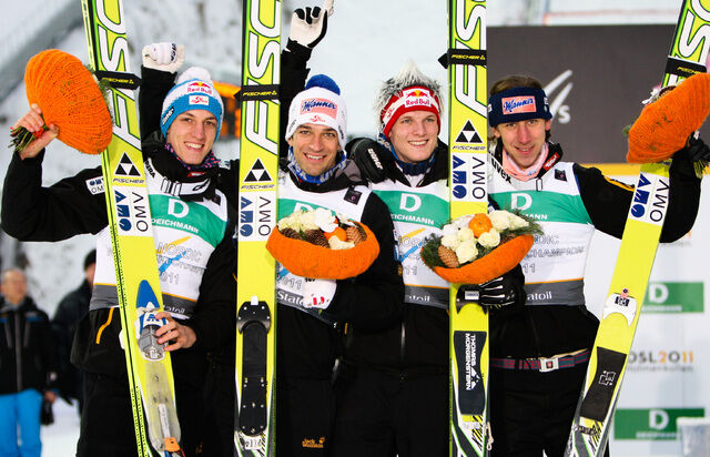 27.02.2011, Oslo, Norway (NOR): the world champion, team Austria (l-r) Gregor Schlierenzauer (AUT), Fischer, Andreas Kofler (AUT), Fischer, Thomas Morgenstern (AUT), Fischer and Martin Koch (AUT), Fischer - FIS nordic world ski championships, ski jumping