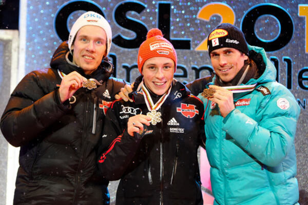 26.02.2011, Oslo, Norway (NOR): (l-r) Tino Edelmann (GER), Madshus, Leki, Rottefella, Adidas, Eric Frenzel (GER), Fischer, Leki, Salomon, Adidas and Felix Gottwald (AUT), Fischer, Swix, Loeffler - FIS nordic world ski championships, nordic combined, indi NordicFocus