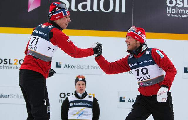 01.03.2011, Oslo, Norway (NOR): (r-l) Martin Jonsrud Sundby (NOR), Fischer, KV+, Alpina, Rottefella, Swix congratulates Eldar Roenning (NOR), Rossignol, Swix, Rottefella, the winner Matti Heikkinen (FIN), Fischer, Exel, Alpina, Rottefella, Craft waits sti NordicFocus 01.03.2011, Oslo, Norway (NOR): (r-l) Martin Jonsrud Sundby (NOR), Fischer, KV+, Alpina, Rottefella, Swix congratulates Eldar Roenning (NOR), Rossignol, Swix, Rottefella, the winner Matti Heikkinen (FIN), Fischer, Exel, Alpina, Rottefella, Craft waits sti